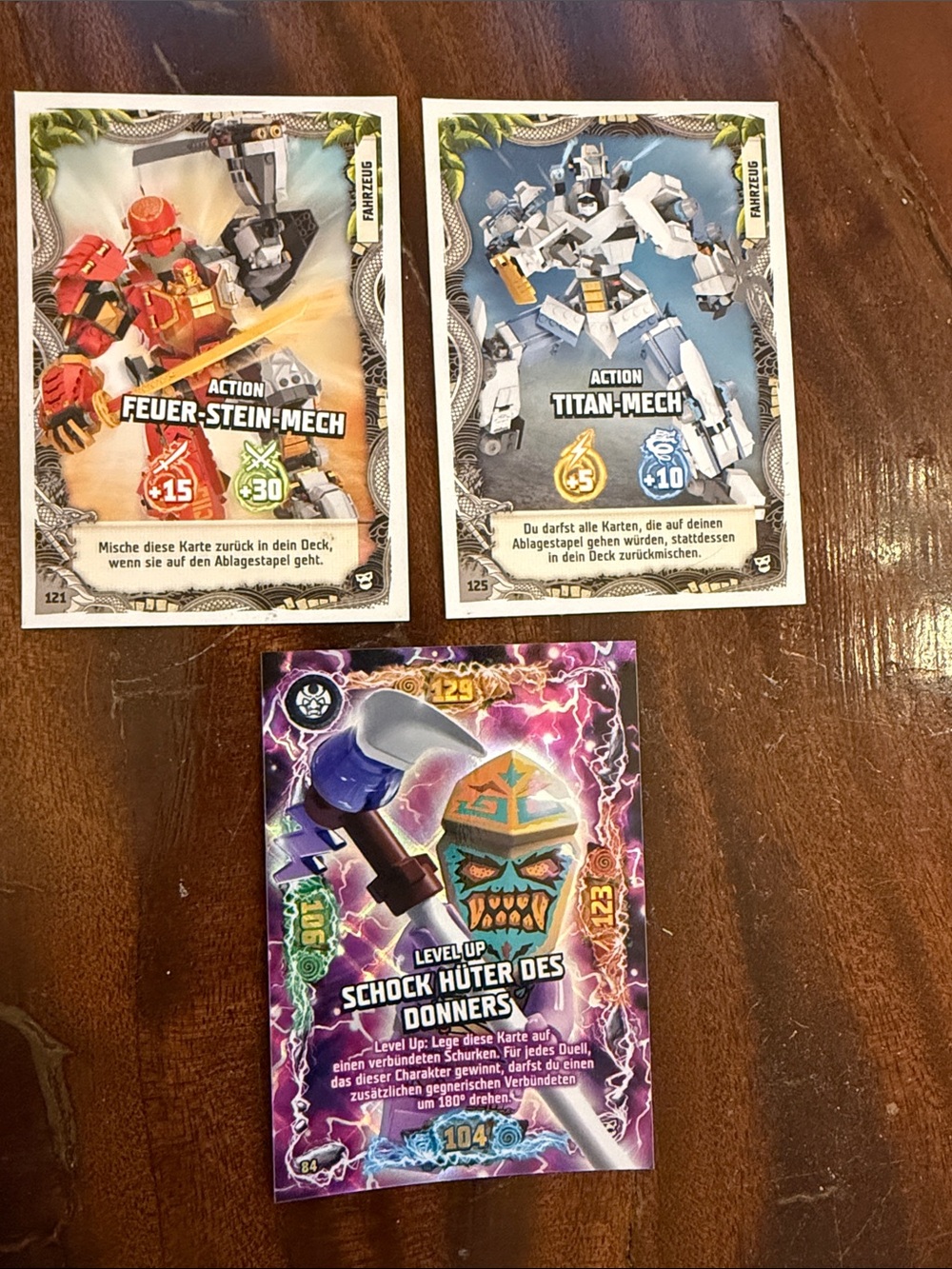 3 German Lego Ninjago Trading Cards - Red, White, Gray, Blue, Purple